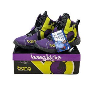Mens Bang Kicks energy drink themed workout shoes. Purple yellow sneakers. Size